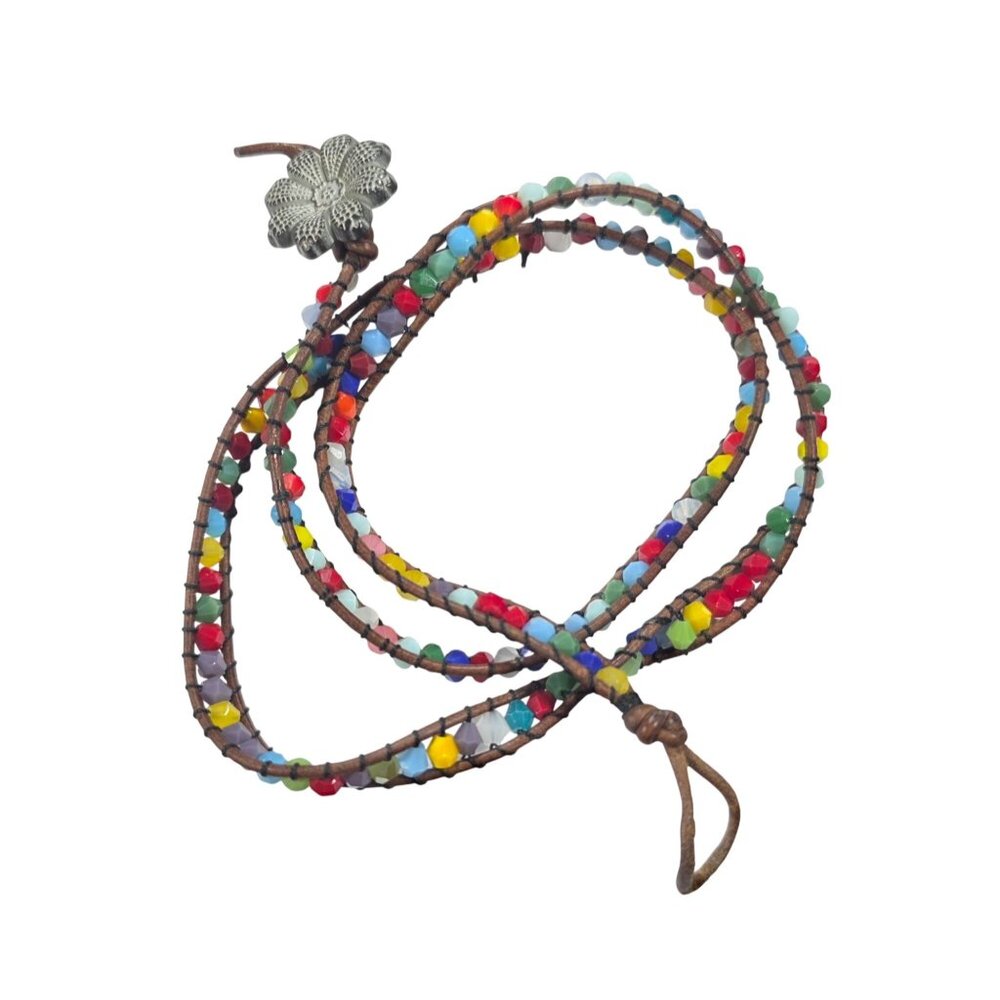 Wrap Bracelet Multicolor rainbow Beads  Metal Flower Button fairy boho jewelry
